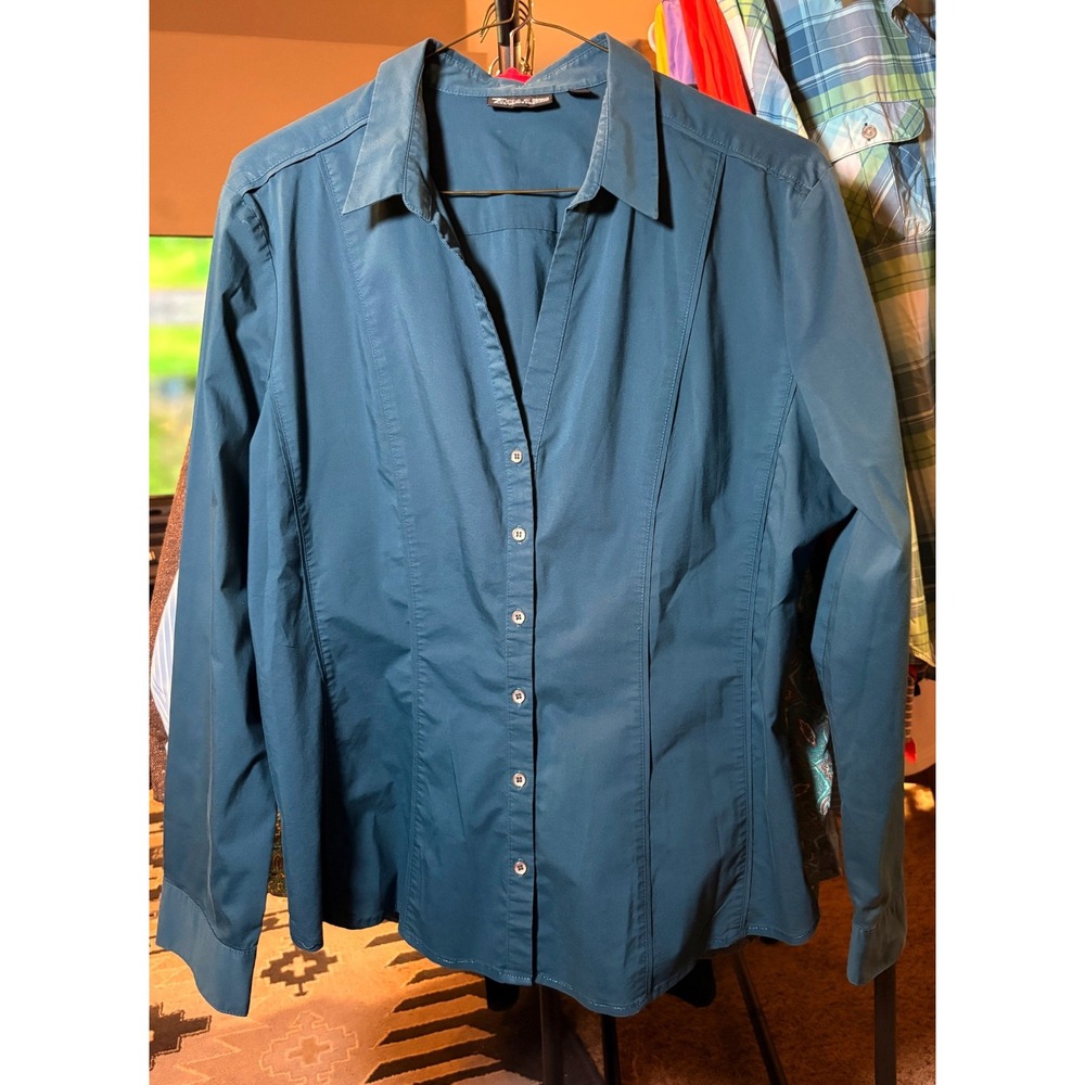 New York & Company Button Down Women XXL Teal Excellent Stretch Work Blouse
